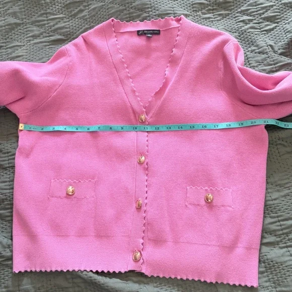 Pastel Pink Scalloped Trim Knit Cardigan Elegant Preppy Lady Jacket XL - Picture 7 of 8